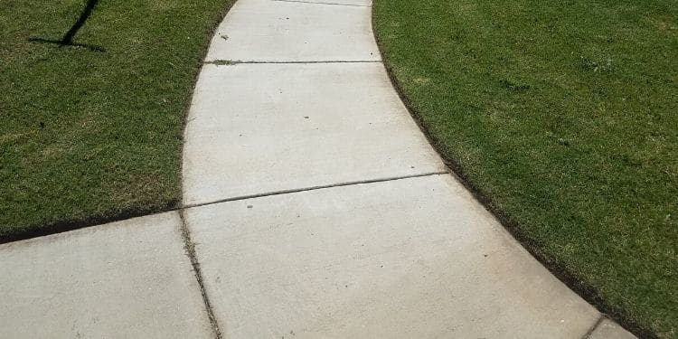 A side walk that has been edged. The grass surrounding the sidewalk has been mowed.