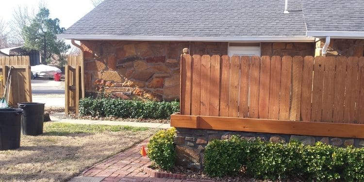 A backyard with a small fence. Both the fence and home are lined with small, pruned shrubs.