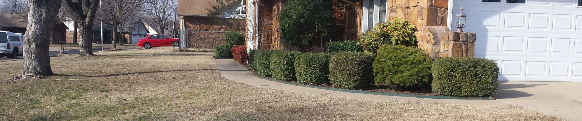 A large front yard and home. The home is lined with identically trimmed shrubs.